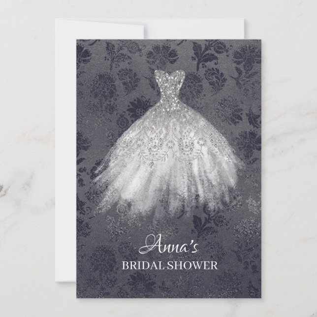 *~* Silver Glitter Bridal Dress Bridal Gown Shower Invitation (Front)