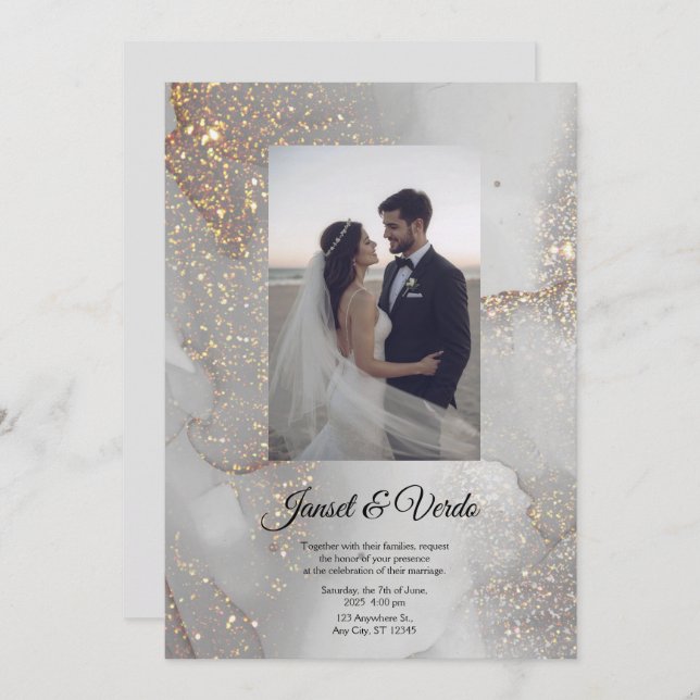 Silver Glitter Bride and Groom Wedding Invitation (Front/Back)