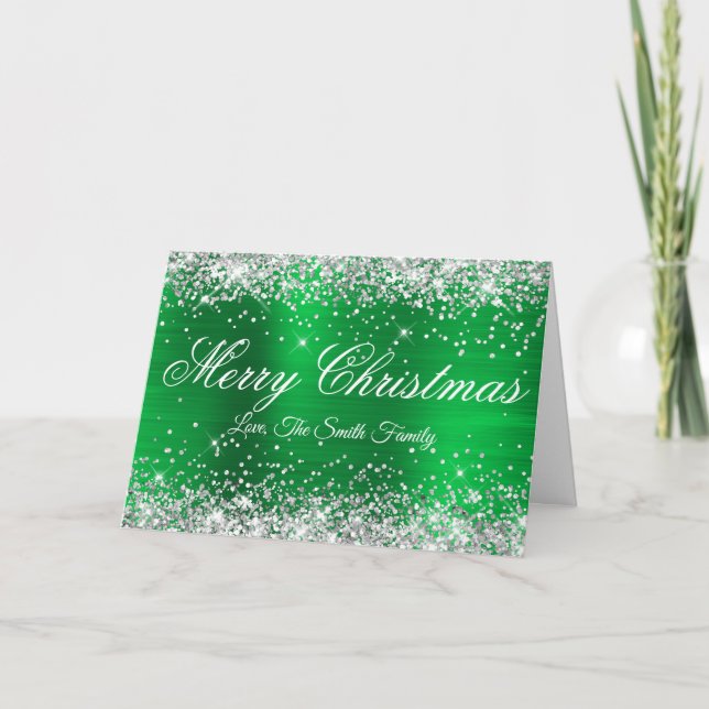 Silver Glitter Bright Green Foil Family Photo Card (Front)
