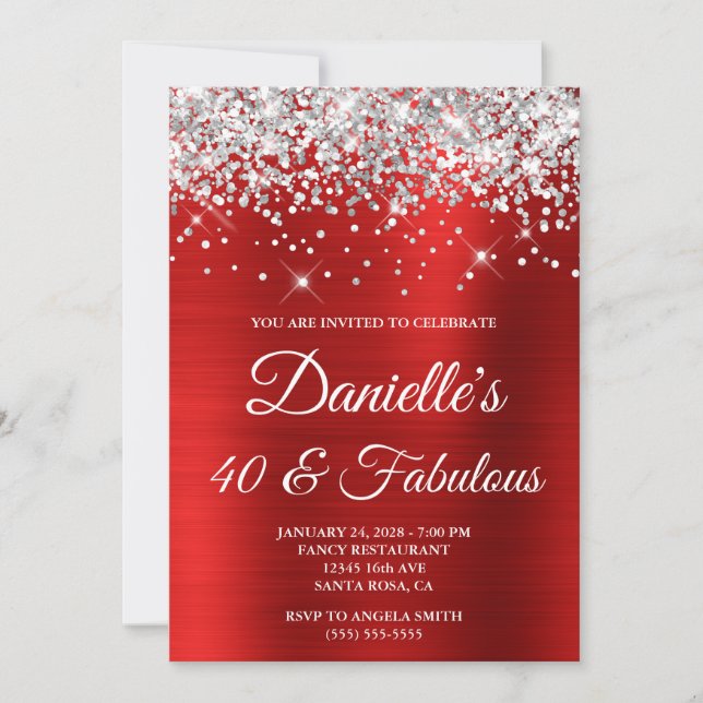 Silver Glitter Bright Red Foil 40 and Fabulous Invitation (Front)