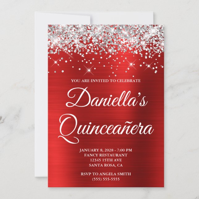 Silver Glitter Bright Red Foil Quinceañera Invitation (Front)
