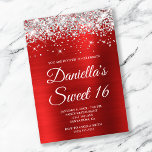Silver Glitter Bright Red Foil Sweet 16 Invitation<br><div class="desc">Create your own stylish 16th birthday celebration invitation for your daughter. Decorative faux sparkly silver glitter graphics form a top border. The background digital art features a shiny bright red ombre style brushed metal foil. Customize the invitation white text color or font styles. The "Sweet 16" text is also customizable....</div>