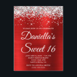 Silver Glitter Bright Red Foil Sweet 16 Invitation Postcard<br><div class="desc">Create your own stylish 16th birthday celebration invitation for your daughter. Decorative faux sparkly silver glitter graphics form a top border. The background digital art features a shiny bright red ombre style brushed metal foil. Customize the invitation white text color or font styles. The "Sweet 16" text is also customizable....</div>