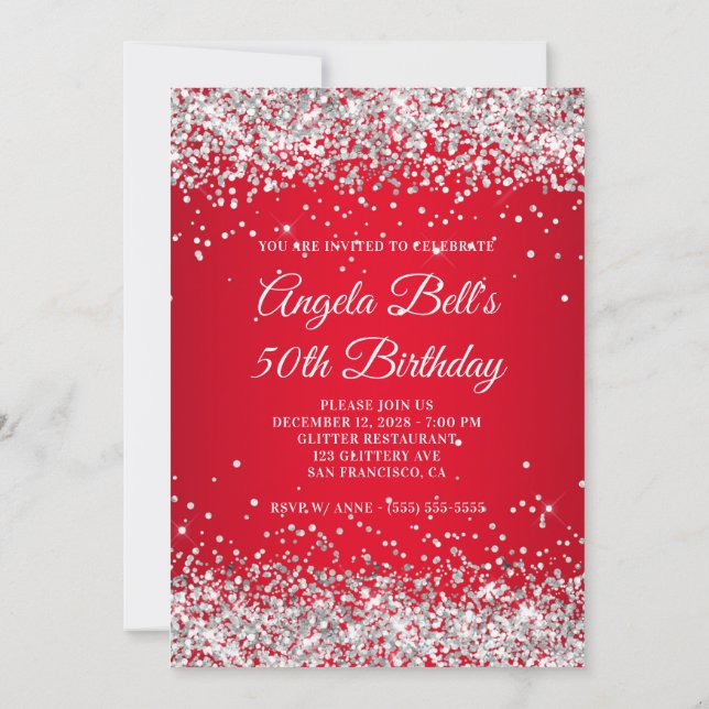 Silver Glitter Bright Red Ombre 50th Birthday Invitation (Back)