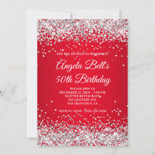 Silver Glitter Bright Red Ombre 50th Birthday Invitation