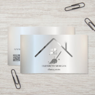 Silver Glitter Broom Qr Code Cleanning Maid  Foil Business Cards