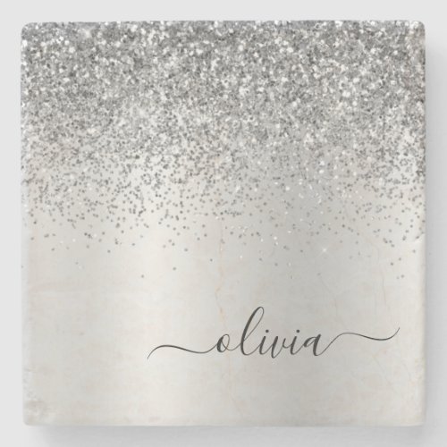 Silver Glitter Brushed Girly Monogram Name Stone Coaster
