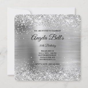 Silver Glitter Brushed Metal Fancy Monogram Invitation