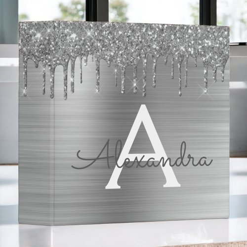 Silver Glitter Brushed Metal Monogram Name 3 Ring Binder