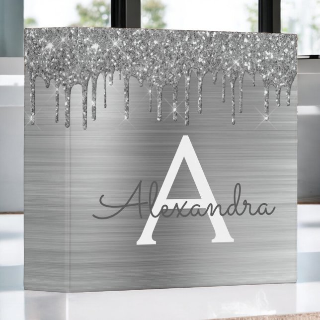 Silver Glitter Brushed Metal Monogram Name 3 Ring Binder (Creator Uploaded)