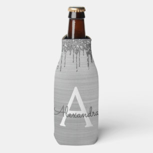 Silver Glitter Brushed Metal Monogram Name Bottle Cooler
