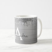Silver Glitter Brushed Metal Monogram Name Coffee Mug (Front Right)