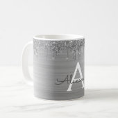 Silver Glitter Brushed Metal Monogram Name Coffee Mug (Front Left)