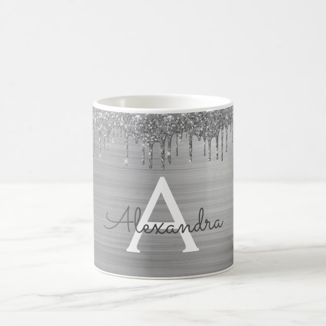 Silver Glitter Brushed Metal Monogram Name Coffee Mug (Center)