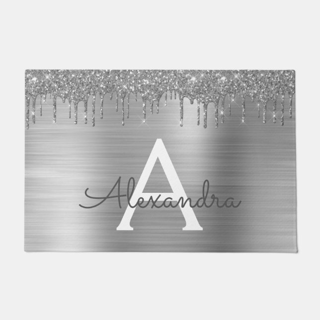 Silver Glitter Brushed Metal Monogram Name Doormat (Front)