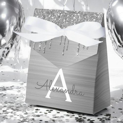 Silver Glitter Brushed Metal Monogram Name Favor Boxes