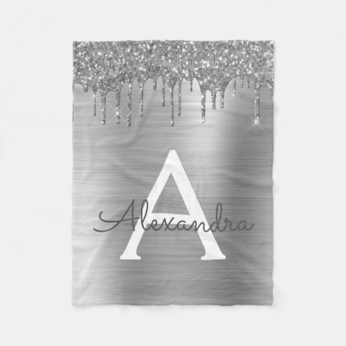 Silver Glitter Brushed Metal Monogram Name Fleece Blanket