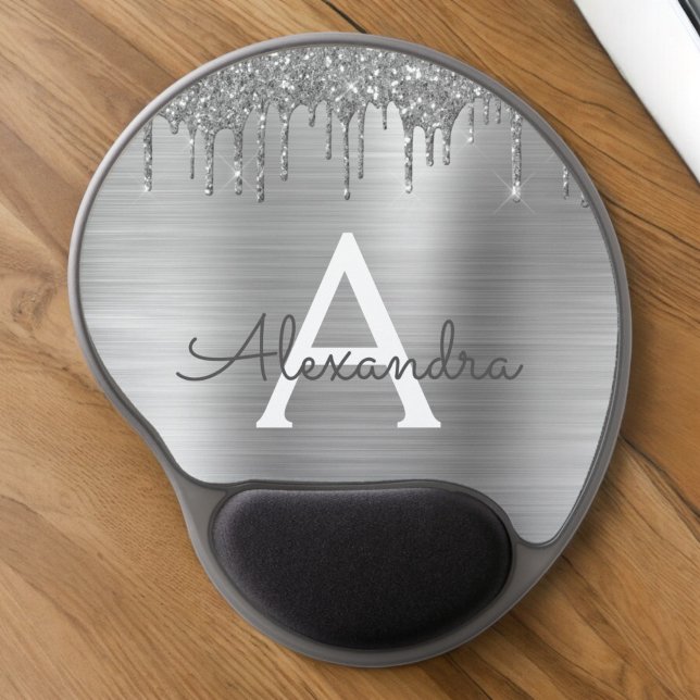 Silver Glitter Brushed Metal Monogram Name Gel Mouse Pad (Creator Uploaded)