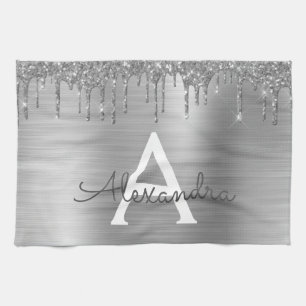 Silver Glitter Brushed Metal Monogram Name Kitchen Towel