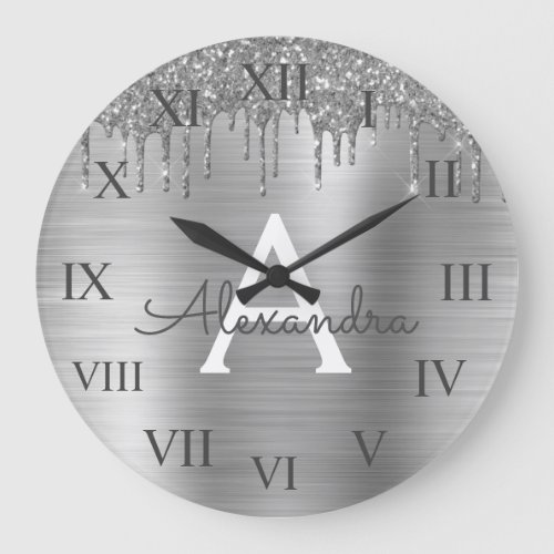 Silver Glitter Brushed Metal Monogram Name Large Clock