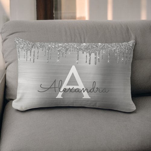 Silver Glitter Brushed Metal Monogram Name Lumbar Pillow