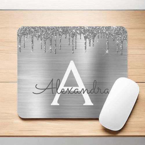 Silver Glitter Brushed Metal Monogram Name Mouse Pad
