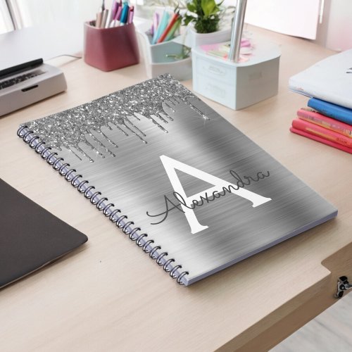 Silver Glitter Brushed Metal Monogram Name Notebook