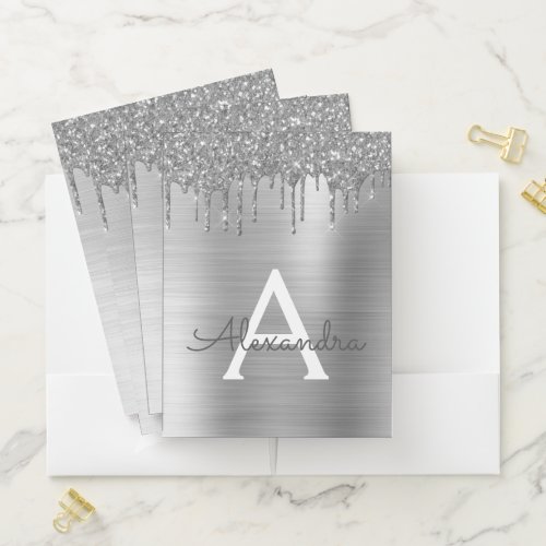 Silver Glitter Brushed Metal Monogram Name Pocket Folder