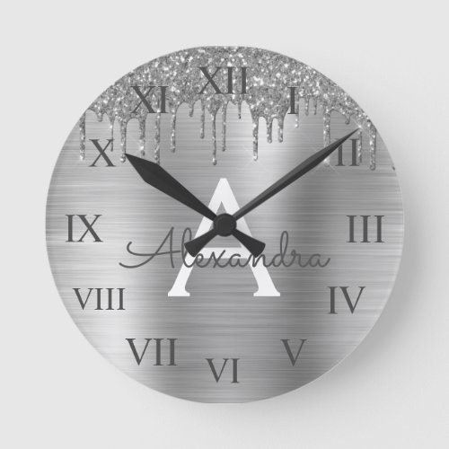 Silver Glitter Brushed Metal Monogram Name Round Clock