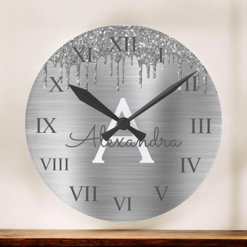 Silver Glitter Brushed Metal Monogram Name Round Clock