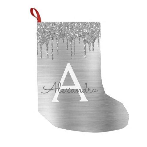 Silver Glitter Brushed Metal Monogram Name Small Christmas Stocking