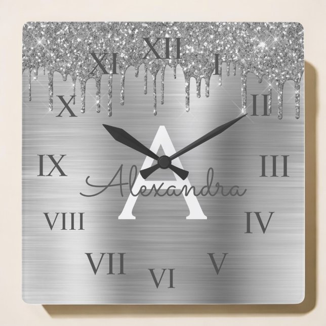Silver Glitter Brushed Metal Monogram Name Square Wall Clock (Creator Uploaded)