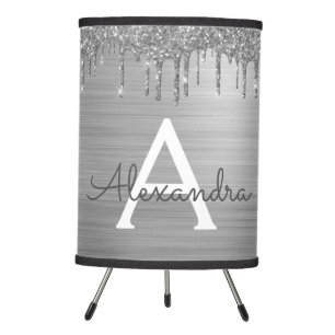 Silver Glitter Brushed Metal Monogram Name Tripod Lamp