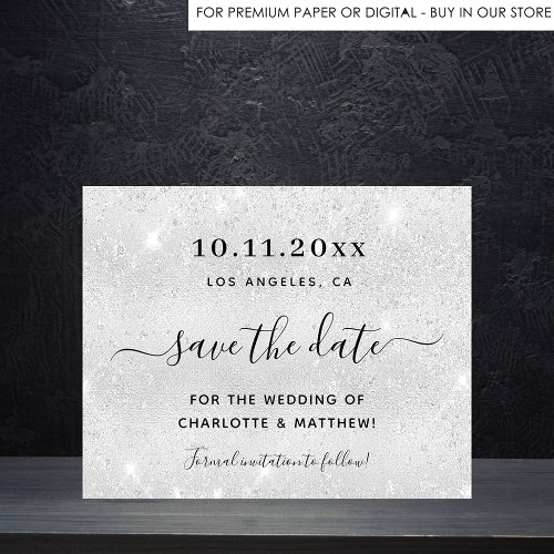 Silver glitter budget wedding save the date flyer