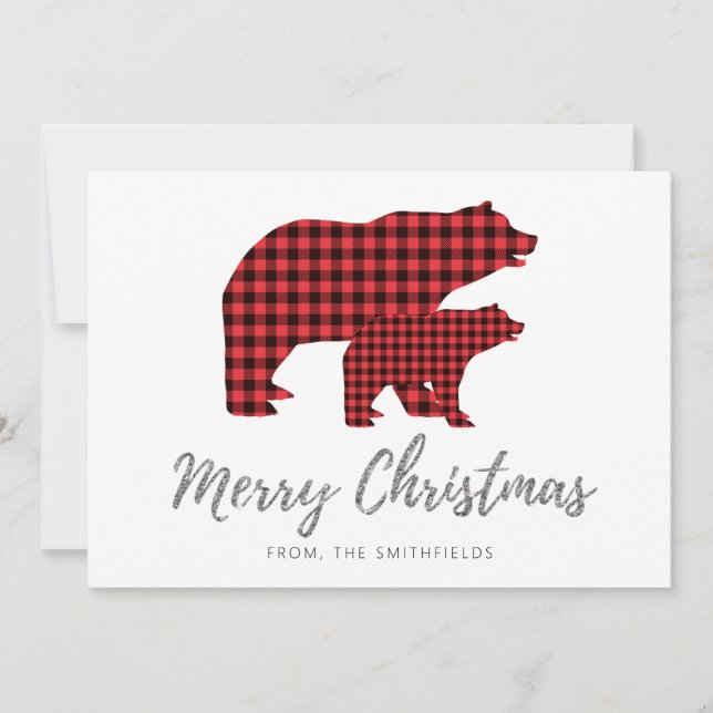 Silver Glitter Buffalo Plaid Bear Christmas Holiday Card (Front)