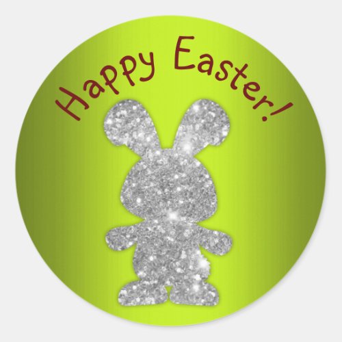 Silver Glitter Bunny Happy Easter Classic Round Sticker