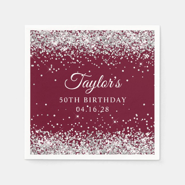 Silver Glitter Burgundy 50th Birthday Napkins (Front)