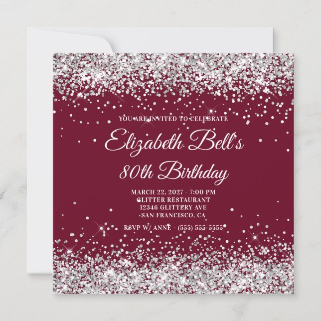 Silver Glitter Burgundy 80th Birthday Invitation (Front)