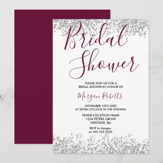 Silver Glitter Burgundy Bridal Shower Invitation (Front/Back)