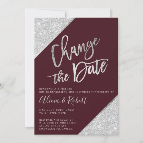 Silver glitter burgundy change the date postponed save the date