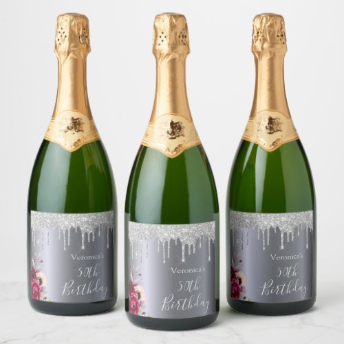 Silver glitter burgundy florals name birthday sparkling wine label