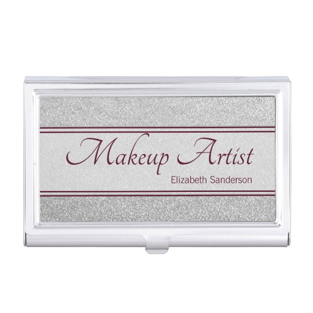 Silver Glitter Burgundy Makeup Artist Custom Business Card Case (Front)