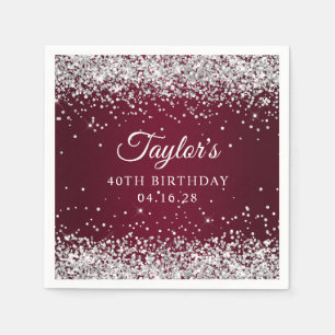 Silver Glitter Burgundy Ombre 40th Birthday Napkins