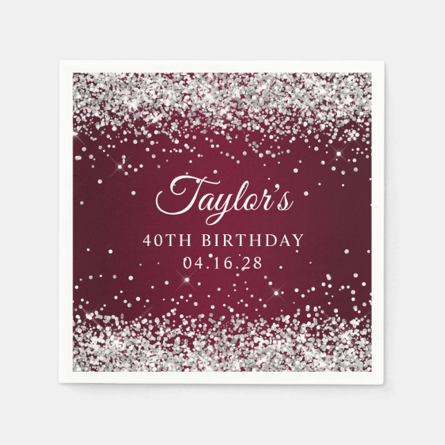 Silver Glitter Burgundy Ombre 40th Birthday Napkins (Front)