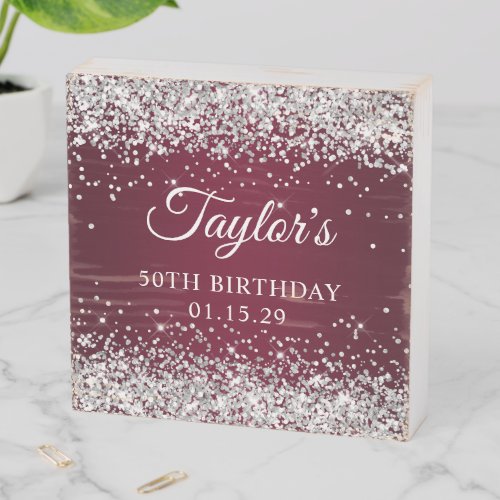 Silver Glitter Burgundy Ombre 50th Birthday Wooden Box Sign