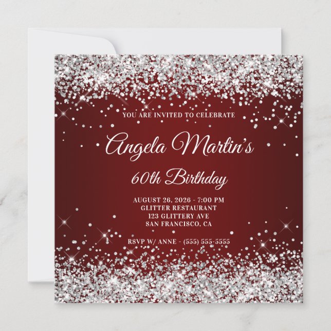 Silver Glitter Burgundy Ombre 60th Birthday Invitation (Front)