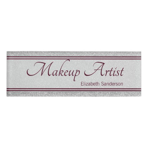 Silver Glitter Burgundy Personalized Makeup Artist Name Tag