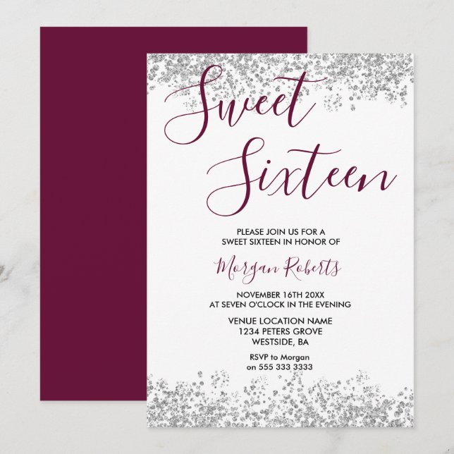 Silver Glitter Burgundy Sweet 16 Party Invitation (Front/Back)