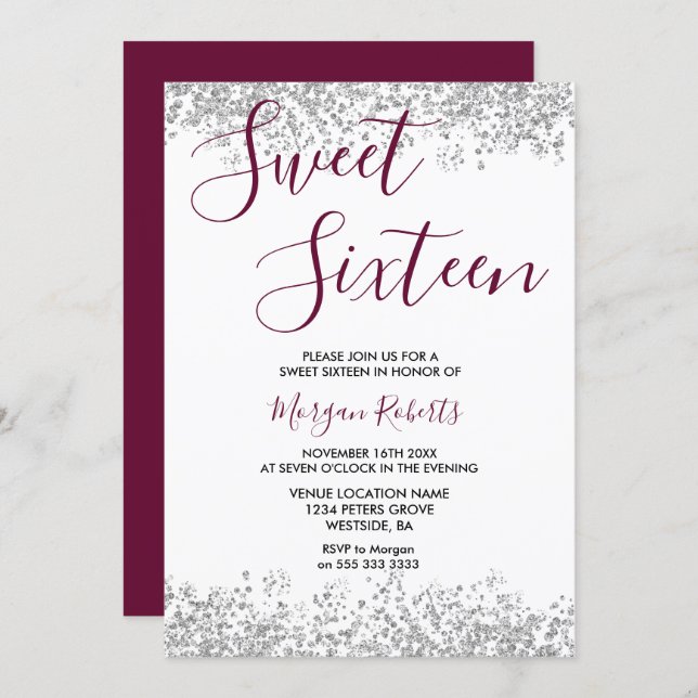 Silver Glitter Burgundy Sweet 16 Party Invitation (Front/Back)
