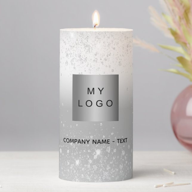 Silver glitter business company logo elegant  pillar candle (In Situ)